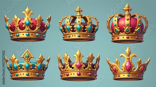 Set of Six Gold Crowns with Gems and Velvet Linings