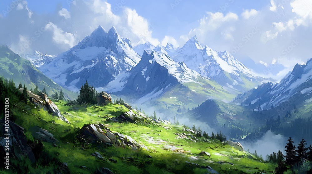 Mountain Landscape with Snow-Covered Peaks Mountain Landscape with Snow-Covered Peaks
