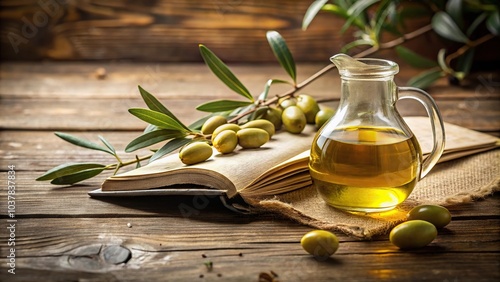 Close-up of anointed pure olive oil in jar with open Bible and olive branch on wooden table