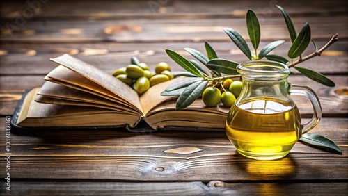 Close-up of anointing pure olive oil in jar with open bible and olive branch on wooden table