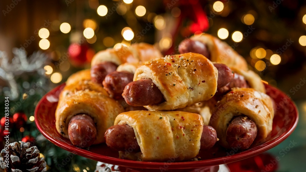 Pigs in a blanket, christmas dinner, festive decorations, holiday feast, homemade meal, new year celebration, heartwarming dish Pigs in a blanket, christmas dinner, festive decorations, holiday feast, homemade meal, new year celebration, heartwarming dish