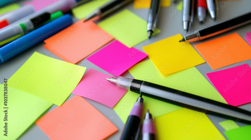A close-up view of colorful sticky notes and brainstorming ideas laid out on a table, surrounded by pens and markers, capturing the essence of creativity and teamwork in a business setting. A close-up view of colorful sticky notes and brainstorming ideas laid out on a table, surrounded by pens and markers, capturing the essence of creativity and teamwork in a business setting.