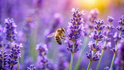 Close-up of asymmetrical lavender flower with bee in background