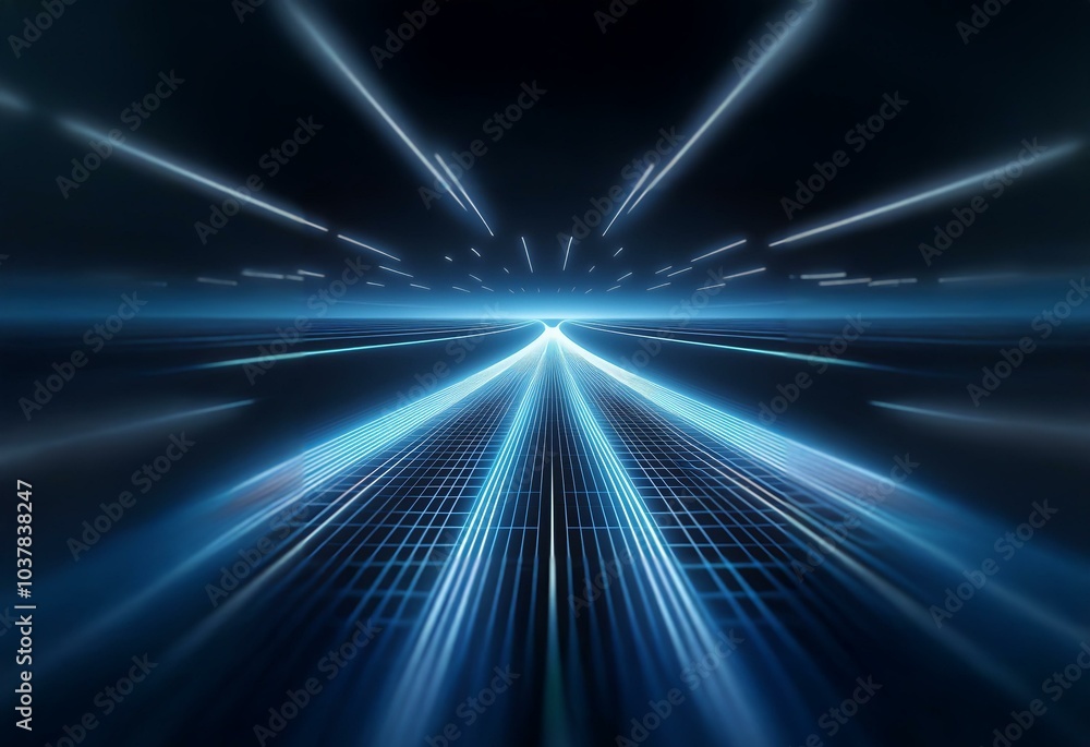 Obraz premium A futuristic, blue, glowing highway stretches into the distance.