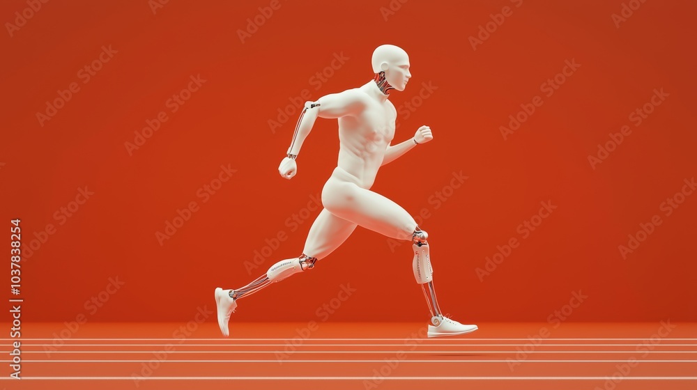 Obraz premium Dynamic Pose of Athletic Robot on Orange Track