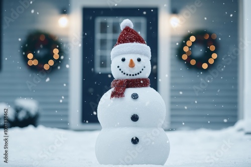 Snowman Decorates Winter Scene with Snow and Lights