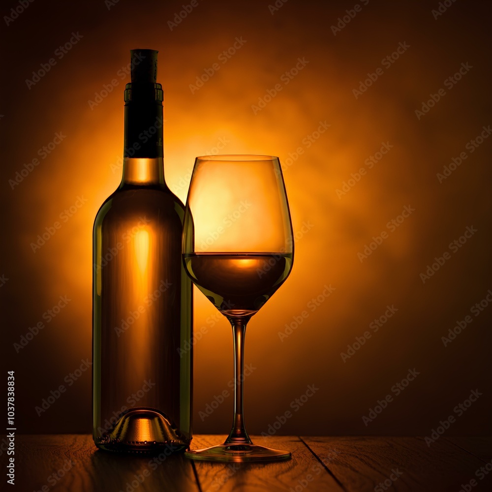 A bottle of wine and a glass on a wooden table with warm, glowing light in the background. A bottle of wine and a glass on a wooden table with warm, glowing light in the background.