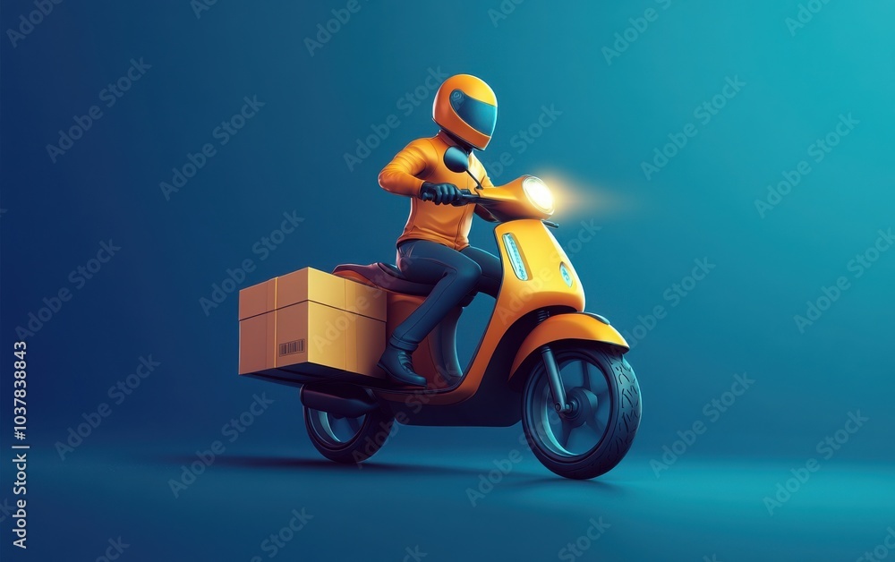A dynamic 3D vector scooter carrying a delivery box, perfect for illustrating a professional and timely courier service A dynamic 3D vector scooter carrying a delivery box, perfect for illustrating a professional and timely courier service