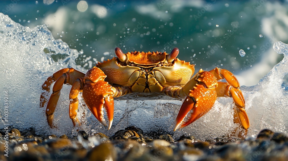 A close-up of a crab on the beach with the ocean waves crashing around it. A close-up of a crab on the beach with the ocean waves crashing around it.