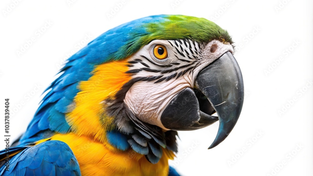 Close-up of blue and yellow parrot isolated on white background Close-up of blue and yellow parrot isolated on white background