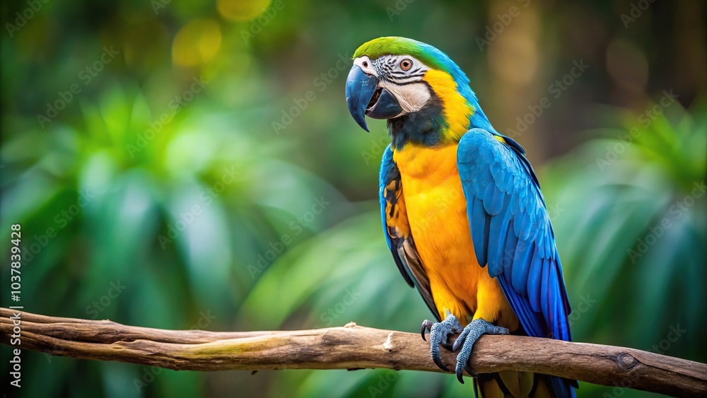 Close-up of blue and yellow macaw parrot perched on branch with colorful feathers Close-up of blue and yellow macaw parrot perched on branch with colorful feathers