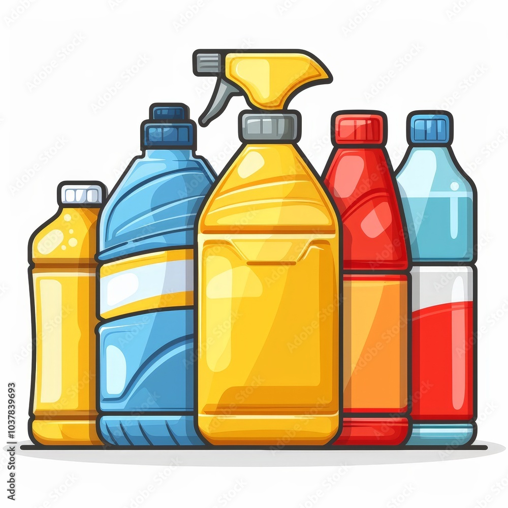 Colorful Plastic Bottles with Sprays Cleaning Products Household Items Cartoon Style