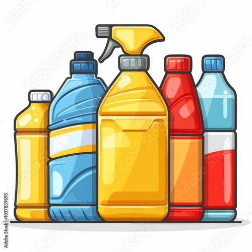 Obraz na płótnie Colorful Plastic Bottles with Sprays Cleaning Products Household Items Cartoon Style w salonie