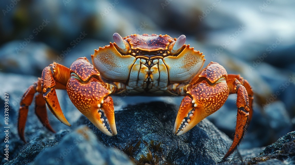 A close-up of a crab perched on a rock, with its claws outstretched. A close-up of a crab perched on a rock, with its claws outstretched.