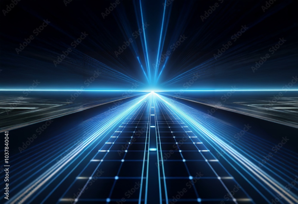 A gridded pathway with glowing lines of light converging towards a bright horizon. A gridded pathway with glowing lines of light converging towards a bright horizon.