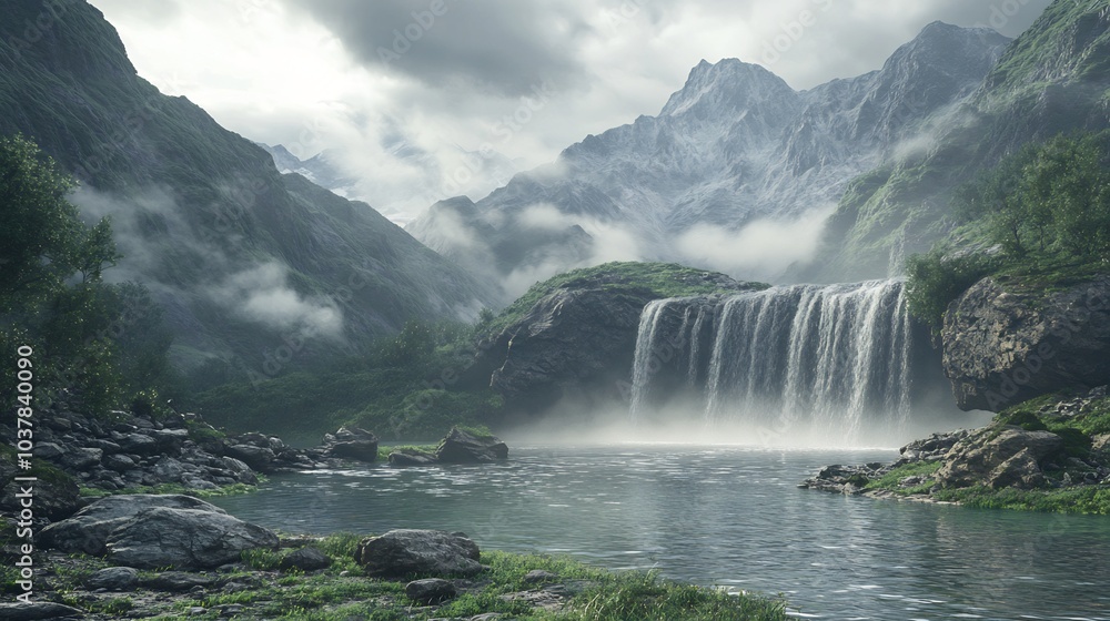 Fototapeta premium Serene Waterfall in a Misty Mountain Valley