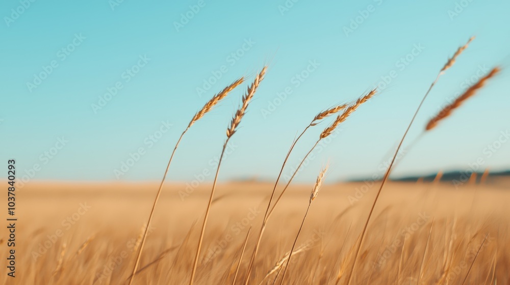 Obraz premium Golden Wheat Field Under Clear Blue Sky
