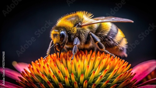 Close-up of bumble bee on flower against dark background with shallow depth of field.