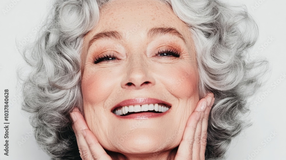 A middle-aged woman with curly silver and gray hair laughing joyfully with her eyes closed and her head slightly tilted upwards, her expression radiating pure happiness against a white background. A middle-aged woman with curly silver and gray hair laughing joyfully with her eyes closed and her head slightly tilted upwards, her expression radiating pure happiness against a white background.