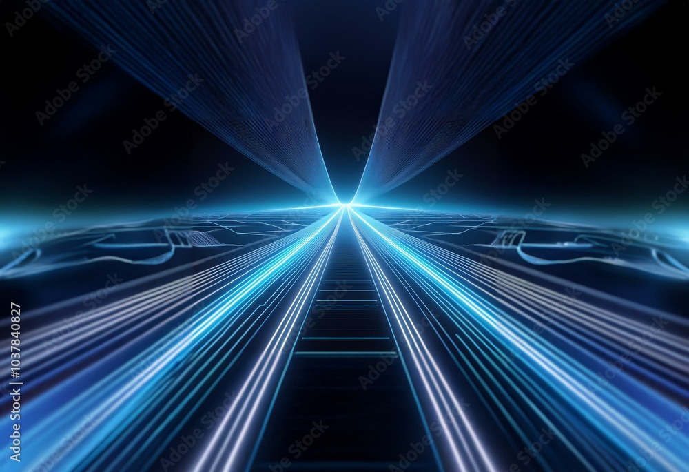 Abstract digital art with glowing blue lines converging towards a bright light source. Abstract digital art with glowing blue lines converging towards a bright light source.