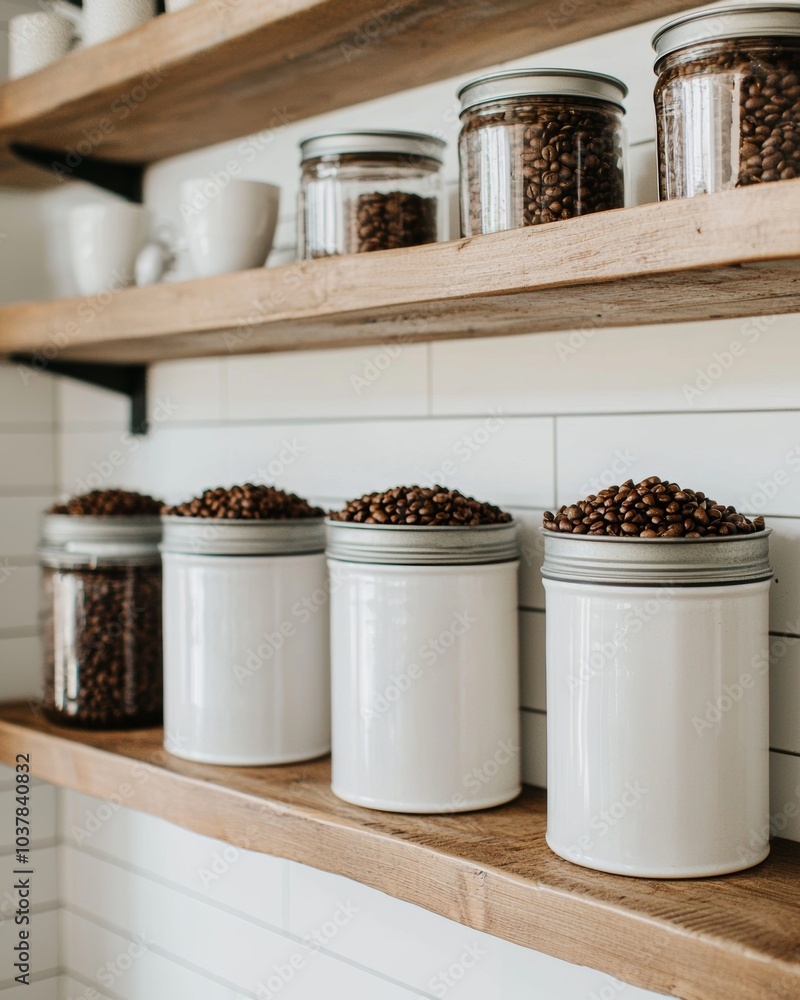 White Canisters with Coffee Beans on Wooden Shelves White Canisters with Coffee Beans on Wooden Shelves