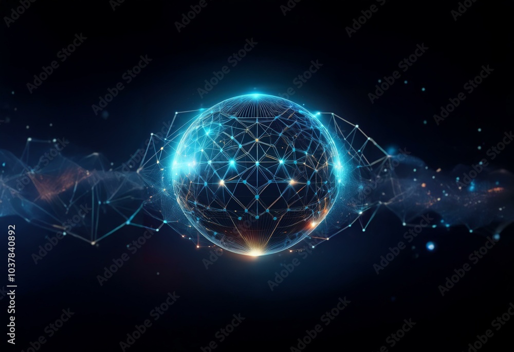 A glowing sphere surrounded by a network of interconnected lines and dots on a dark blue background. A glowing sphere surrounded by a network of interconnected lines and dots on a dark blue background.