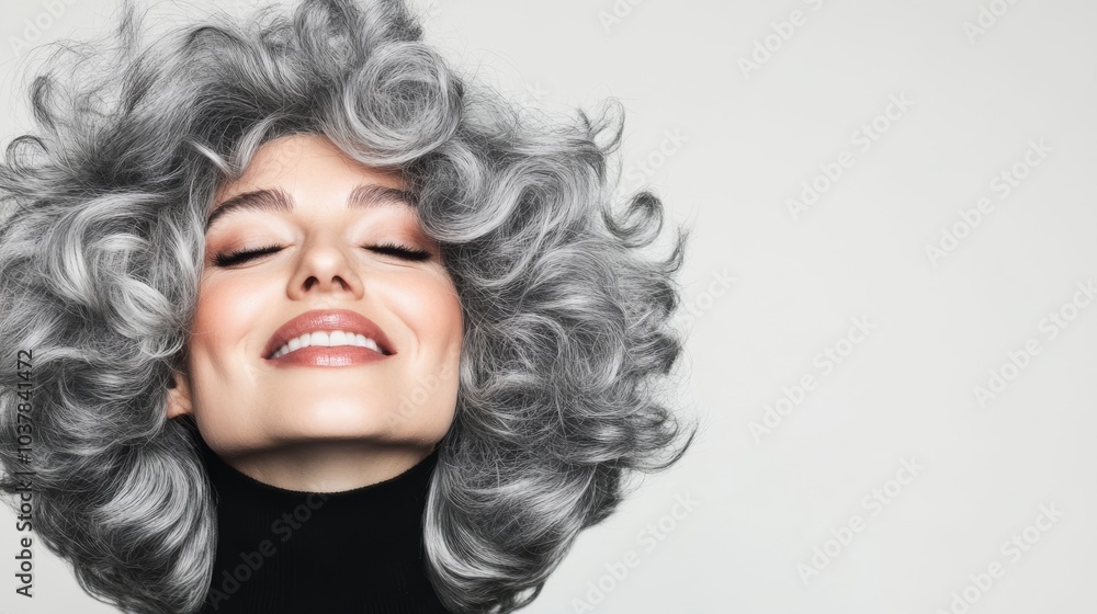 A playful moment as the woman tosses her curly silver and gray hair back while laughing with delight, captured candidly with a clean white background. A playful moment as the woman tosses her curly silver and gray hair back while laughing with delight, captured candidly with a clean white background.