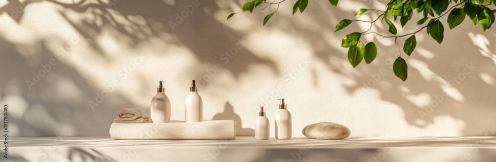 Spa Products on a Shelf with Natural Light and Greenery Spa Products on a Shelf with Natural Light and Greenery
