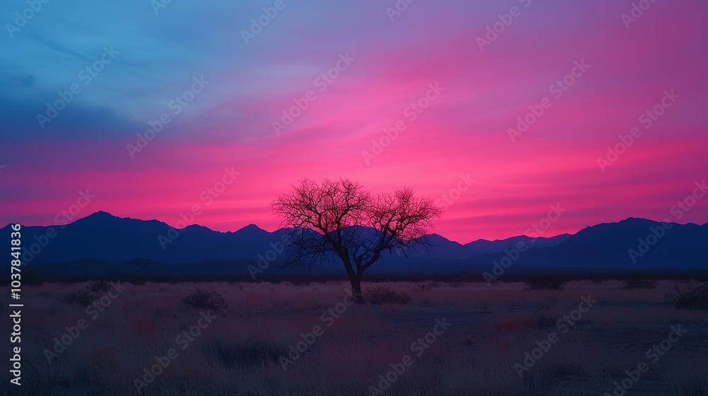 Silent Desert Sunset with Lone Tree Silhouette Silent Desert Sunset with Lone Tree Silhouette