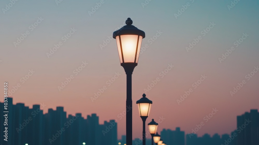 Serene Cityscape at Dusk with Street Lamps Serene Cityscape at Dusk with Street Lamps