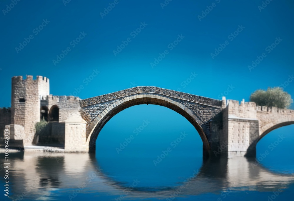 A stone bridge with a single arch spanning a body of water. The sky above is a clear, vibrant blue. A stone bridge with a single arch spanning a body of water. The sky above is a clear, vibrant blue.