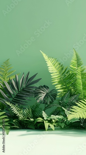 Lush Greenery and Ferns Against a Soft Green Background