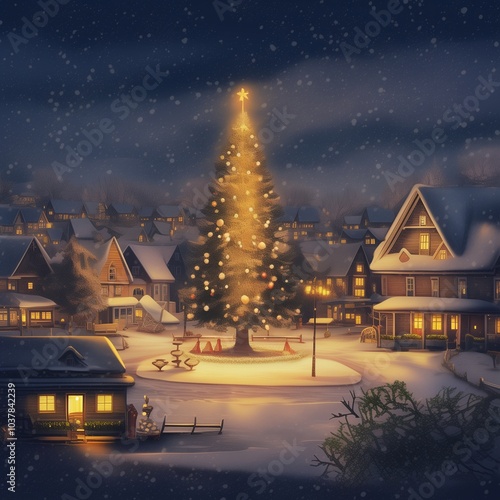 クリスマスの魔法に包まれた夜の風景と輝くクリスマスツリー