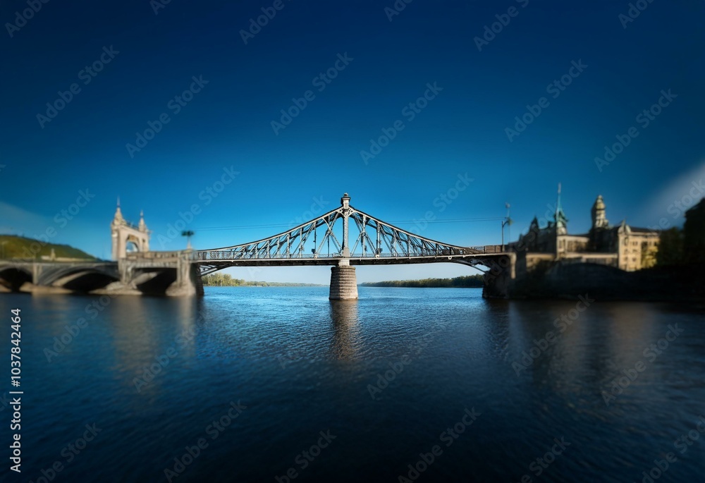 Obraz premium A metal bridge with a truss design crosses a river against a clear blue sky, buildings and trees line the riverbanks.