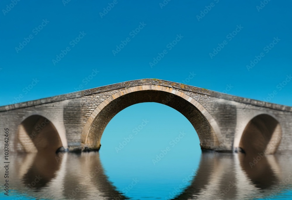 Fototapeta premium A stone bridge with a single arch spans a body of water, with its reflection visible below.