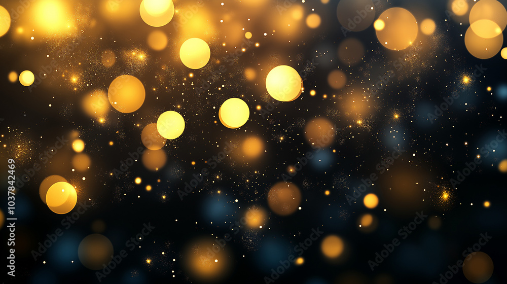 Abstract dark background with sparkling golden bokeh lights and glitter dust particles, banner. AI generation. Abstract dark background with sparkling golden bokeh lights and glitter dust particles, banner. AI generation.