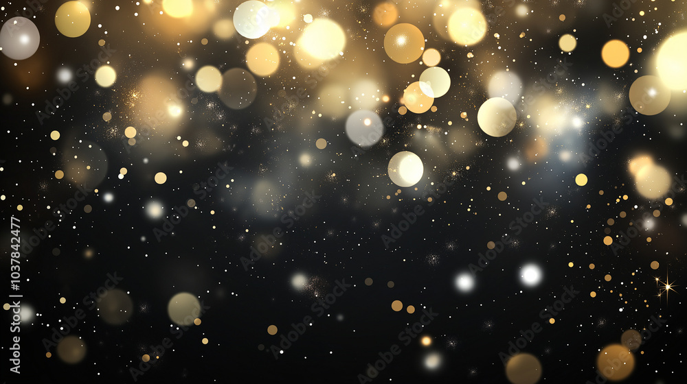 Abstract dark background with sparkling golden bokeh lights and glitter dust particles, banner. AI generation. Abstract dark background with sparkling golden bokeh lights and glitter dust particles, banner. AI generation.