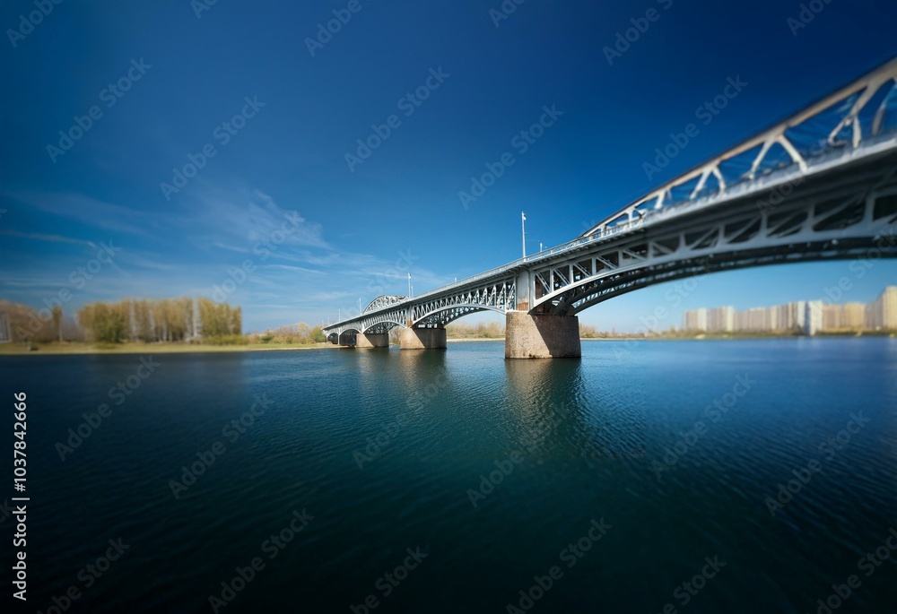 A steel bridge arches over a calm river with blue sky and clouds above. A steel bridge arches over a calm river with blue sky and clouds above.