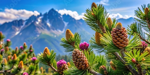 Close-up of cones and blossoms from a Swiss stone pine Pinus cembra in the morning sunlight on the mountains Macro photo