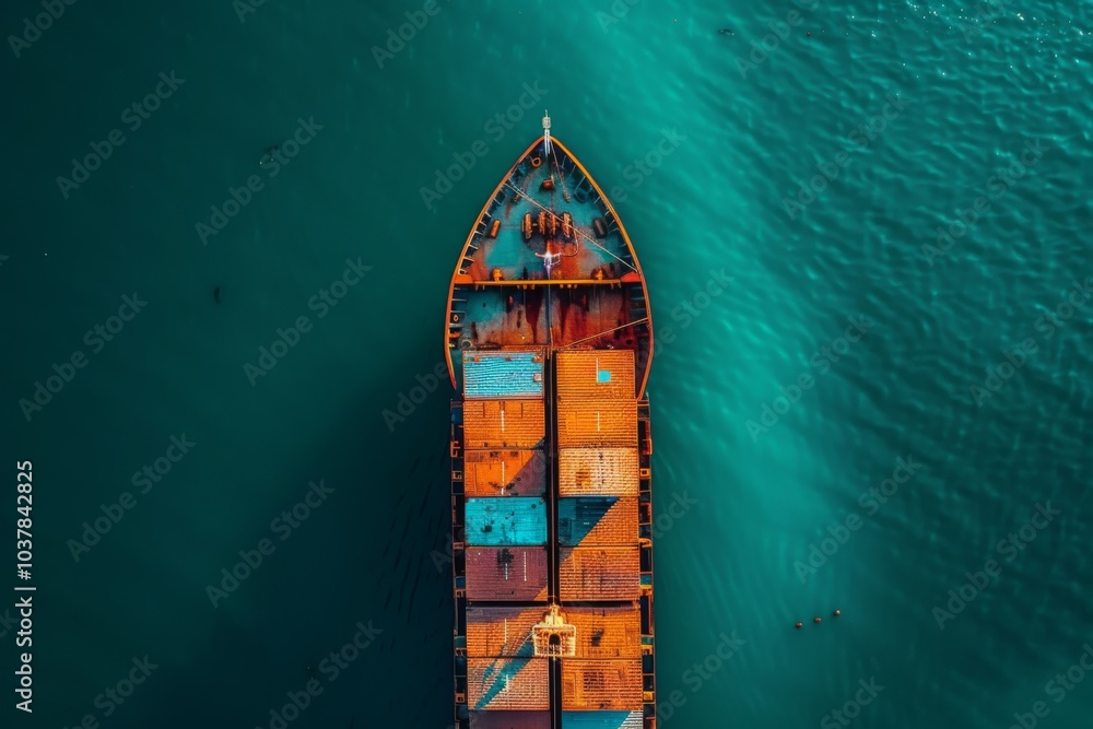 A cargo ship sailing on the water, viewed from above, import and export logistics cargo shipping transportation of goods by container ship on the open sea, cargo ship A cargo ship sailing on the water, viewed from above, import and export logistics cargo shipping transportation of goods by container ship on the open sea, cargo ship