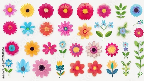 Colorful flower stickers collection, bright and fun, displayed on a light background