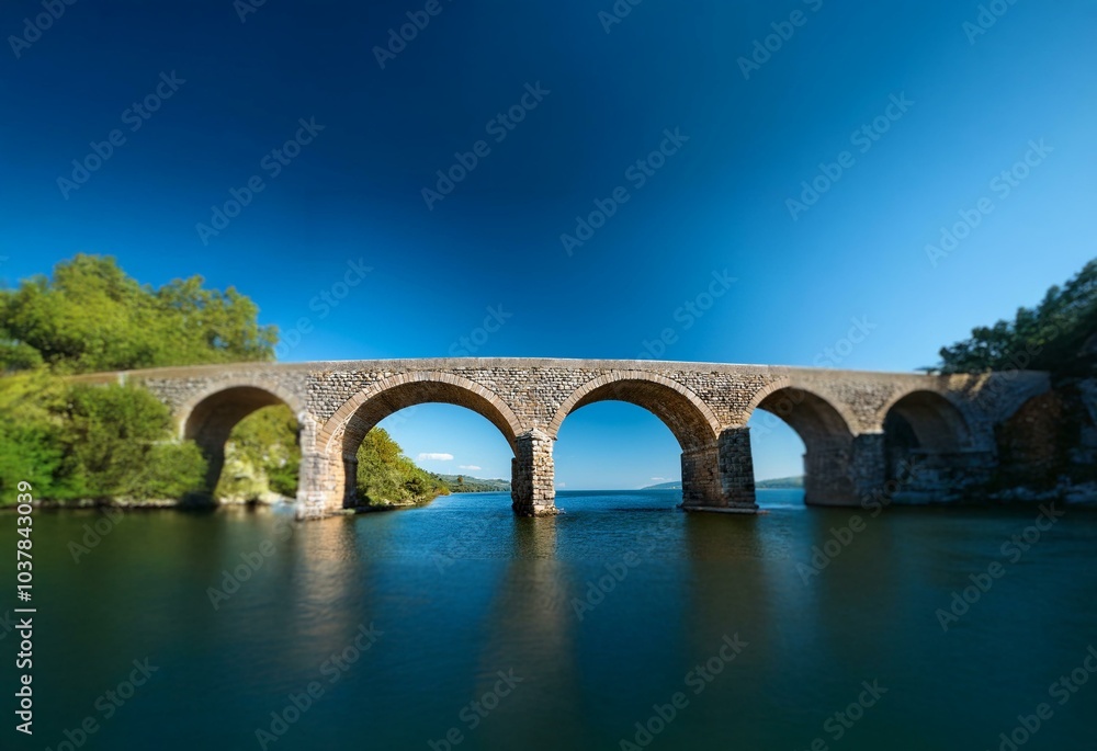 A stone arch bridge spans a calm body of water against a vibrant blue sky. A stone arch bridge spans a calm body of water against a vibrant blue sky.