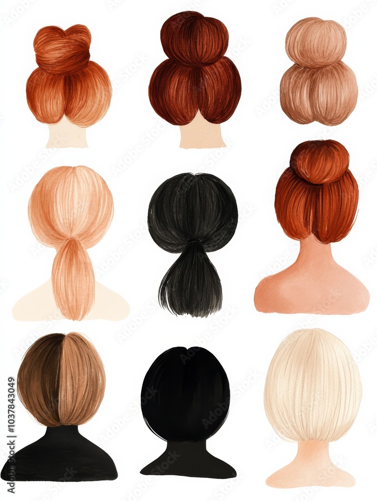 An adorable minimalist poster featuring simple bun hairstyles for all hair lengths and types with soft hand-drawn illustrations arranged in a grid format, using a neutral muted color palette of beige. An adorable minimalist poster featuring simple bun hairstyles for all hair lengths and types with soft hand-drawn illustrations arranged in a grid format, using a neutral muted color palette of beige.