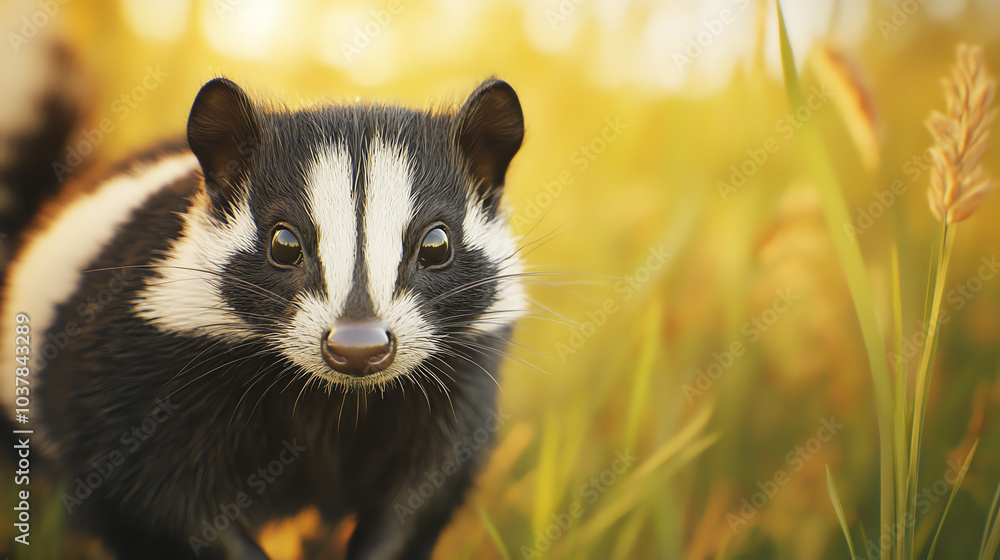 Fototapeta premium A charming badger stands in a lush field, with golden grass and a soft-focus background, showcasing its distinctive black and white markings.