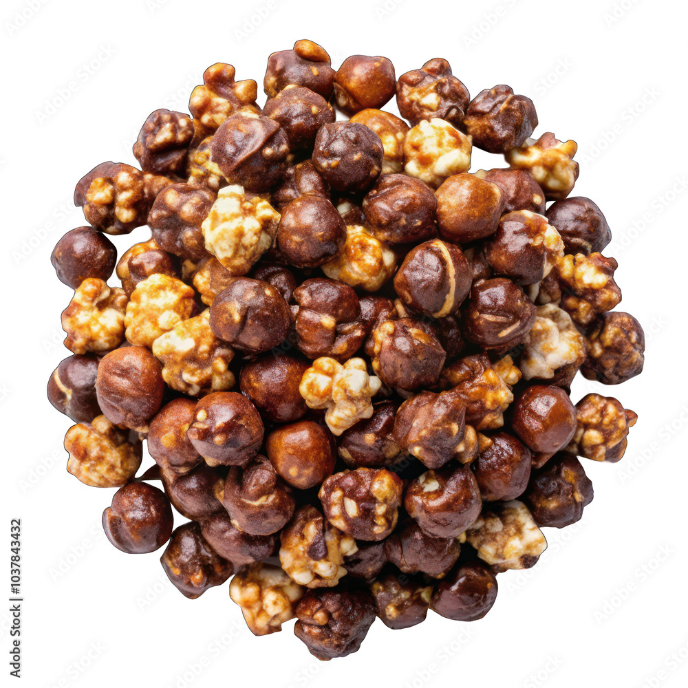 Obraz premium Chocolate popcorn pile top view isolated on transparent background