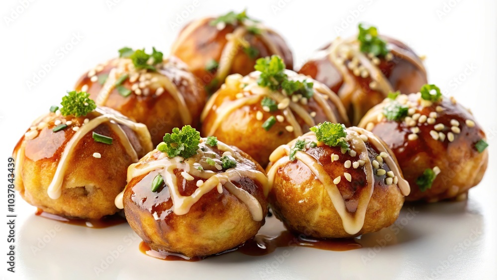 Close-up of delicious takoyaki with sesame seeds on white background Close-up of delicious takoyaki with sesame seeds on white background