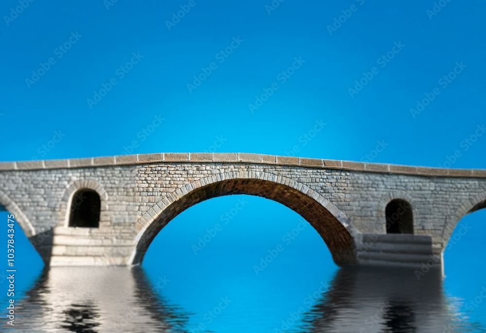 A stone arch bridge spans a calm body of water with a bright blue sky above. A stone arch bridge spans a calm body of water with a bright blue sky above.