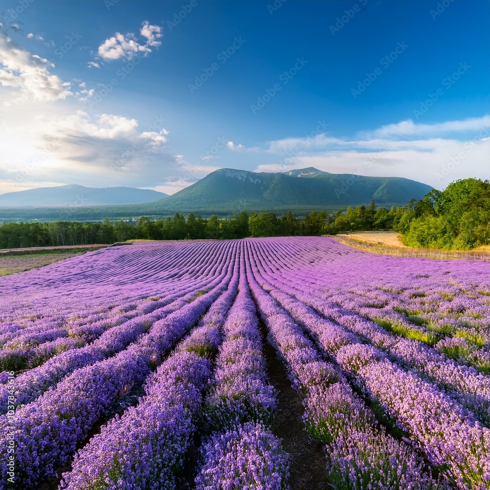Obraz premium 夏の北海道の富良野に広がる一面のラベンダー畑。紫のラベンダーの花が一斉に咲き誇り、遠くの山々とのコントラストが美しい。風に揺れる花々と、爽やかな夏の空気が感じられる穏やかな風景