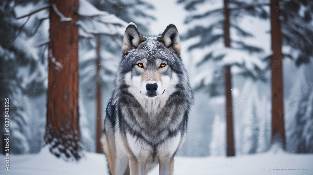 Fototapeta premium A Regal Wolf Amidst the Snow-Covered Pines: Guardian of the Winter Woods