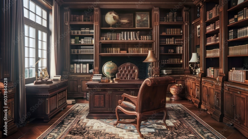 Luxury Library Interior with Wooden Furniture Luxury Library Interior with Wooden Furniture